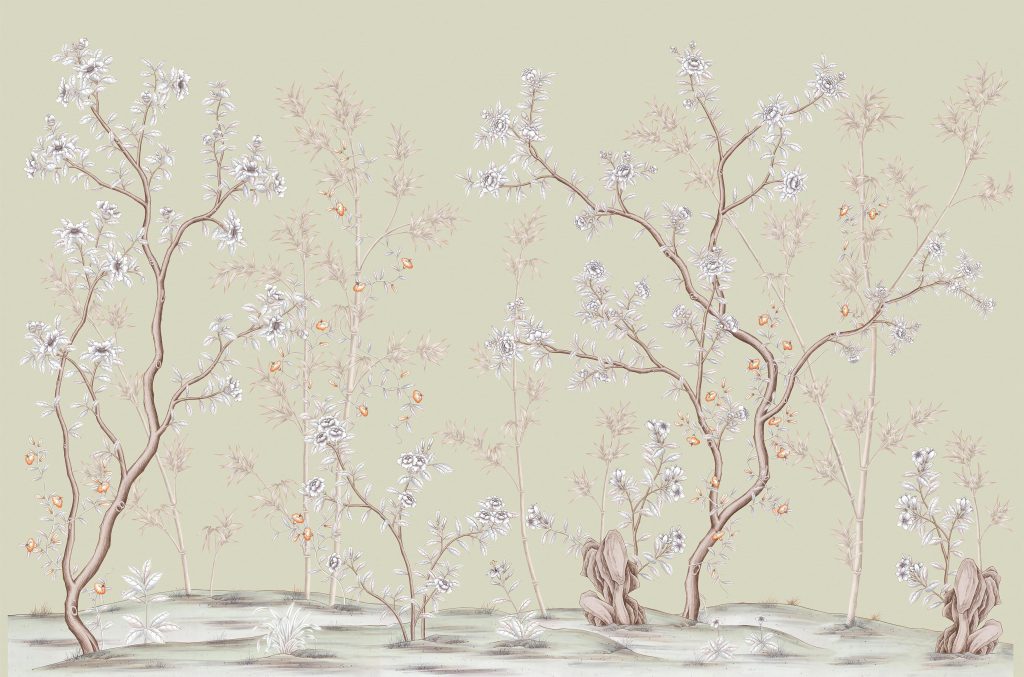 В55 Modest Art Bamboo and Roses Art Silk Green